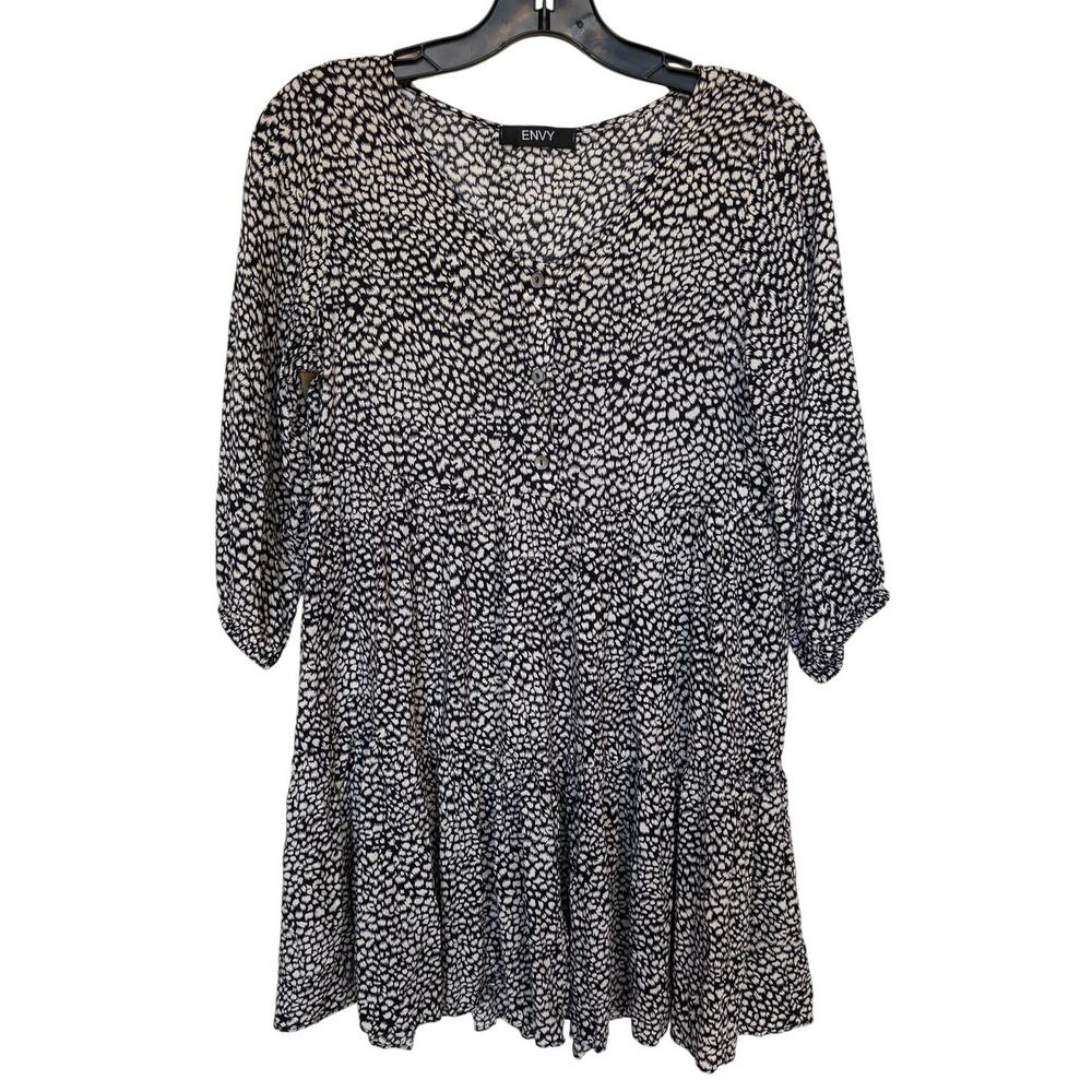 Envy Tiered Mini Babydoll Dress with Black and White Stylized Dots Print size M